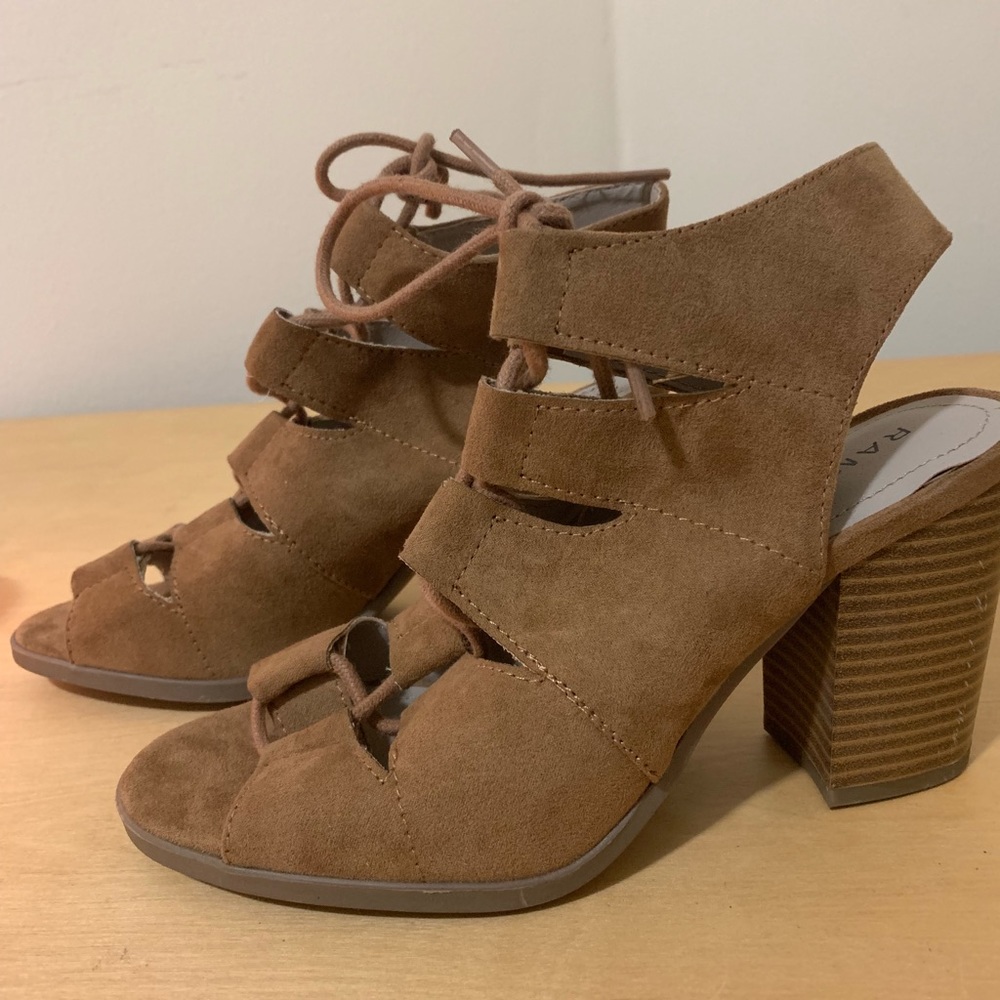 Light brown faux suede lace-up heeled sandals